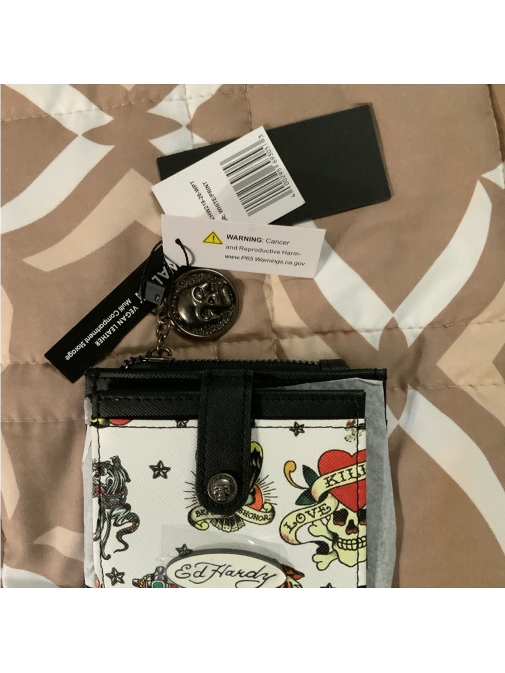 Ed Hardy White Multi Tattoo Print Compact Card Wallet with Black Trim